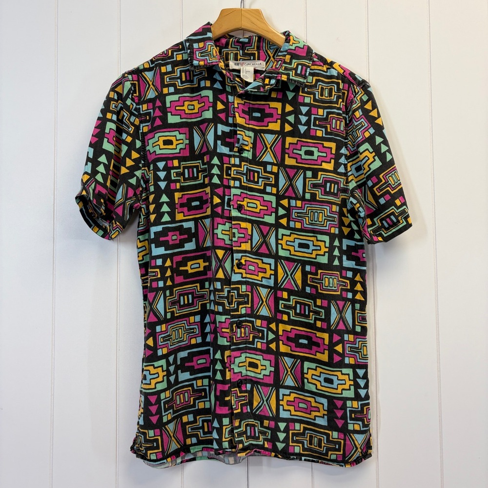 H&M Coachella Festival Geometric Button Down Shirt Men Size S Geometric Summer